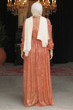 Modest Terra Cotta Evening Gown With Long Sleeve 44961KRMT - 3