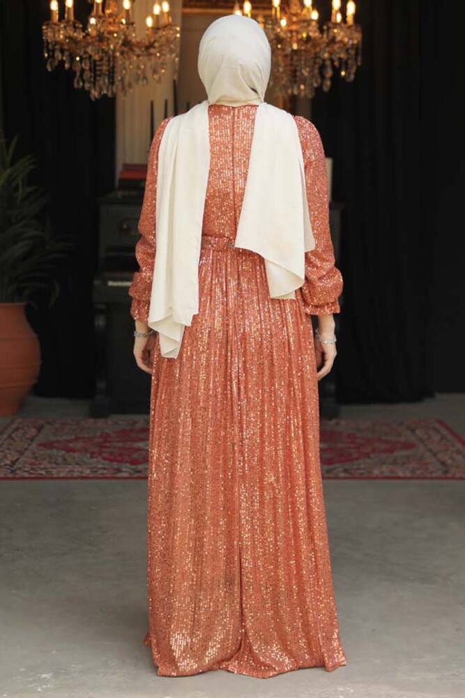 Modest Terra Cotta Evening Gown With Long Sleeve 44961KRMT - 3
