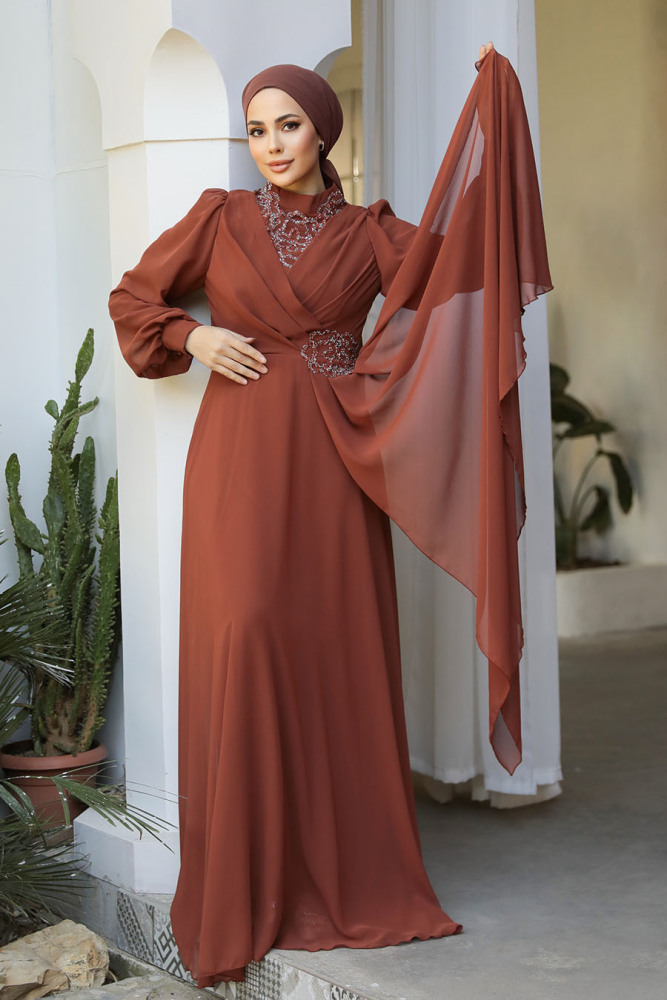 Modest Terra Cotta Plus Size Dress 25882KRMT - 2