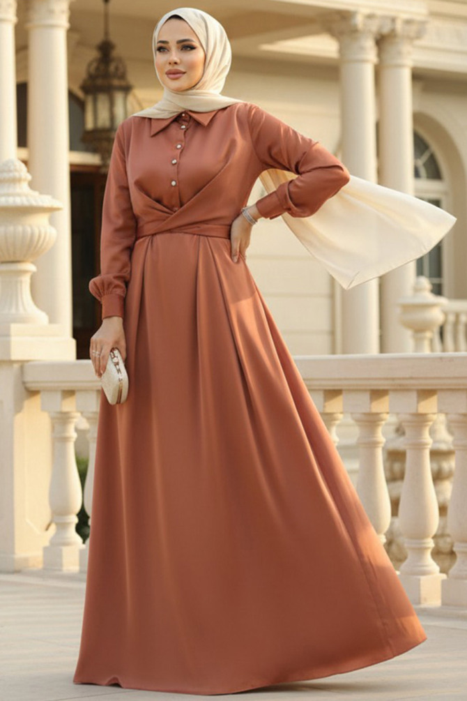 Modest Terra Cotta Satin Dress 45661KRMT - NEVA STYLE
