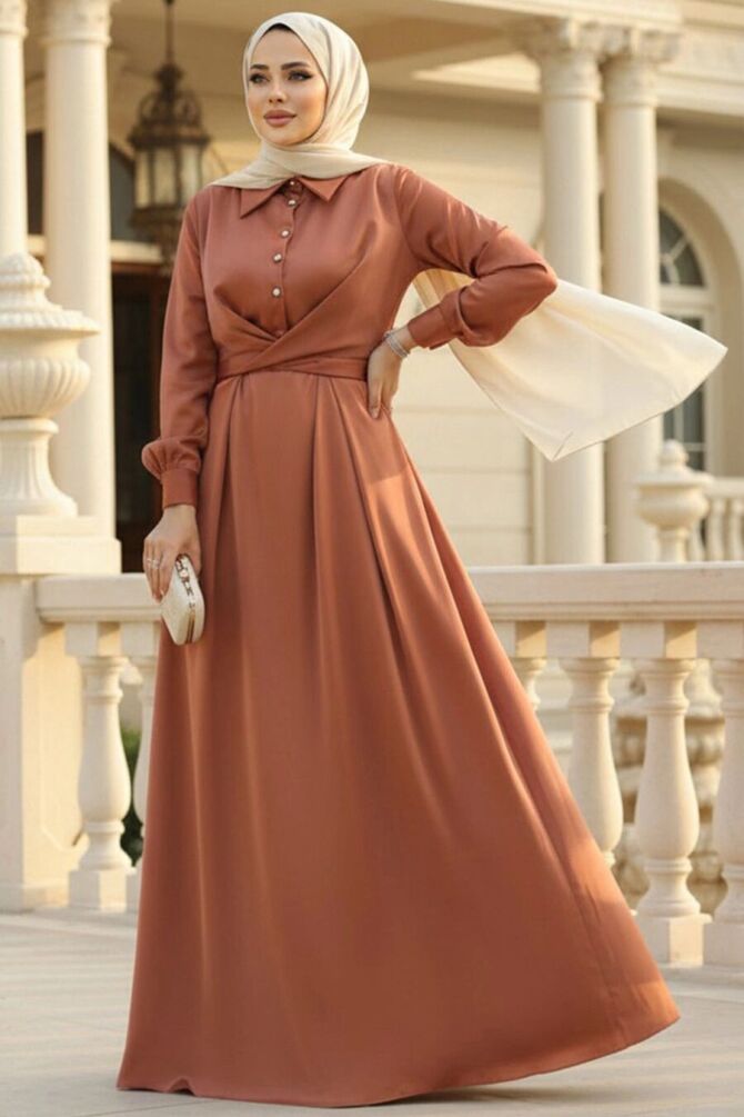 Modest Terra Cotta Satin Dress 45661KRMT - 1