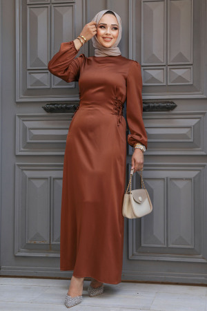 Modest Terra Cotta Satin Prom Dress 5948KRMT - 2