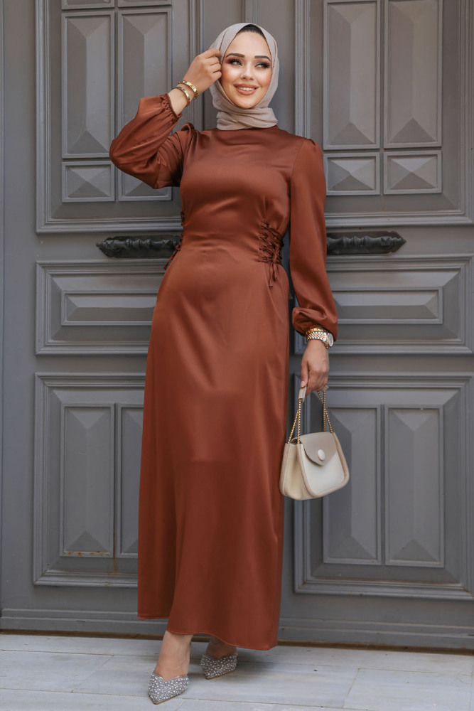 Modest Terra Cotta Satin Prom Dress 5948KRMT - 2