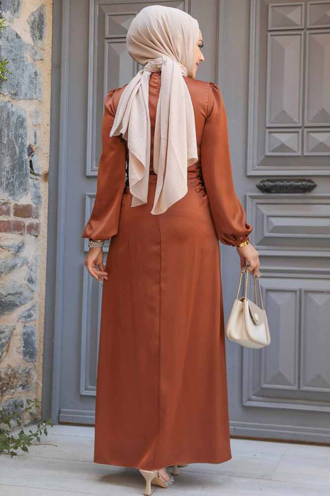 Modest Terra Cotta Satin Prom Dress 5948KRMT - 3