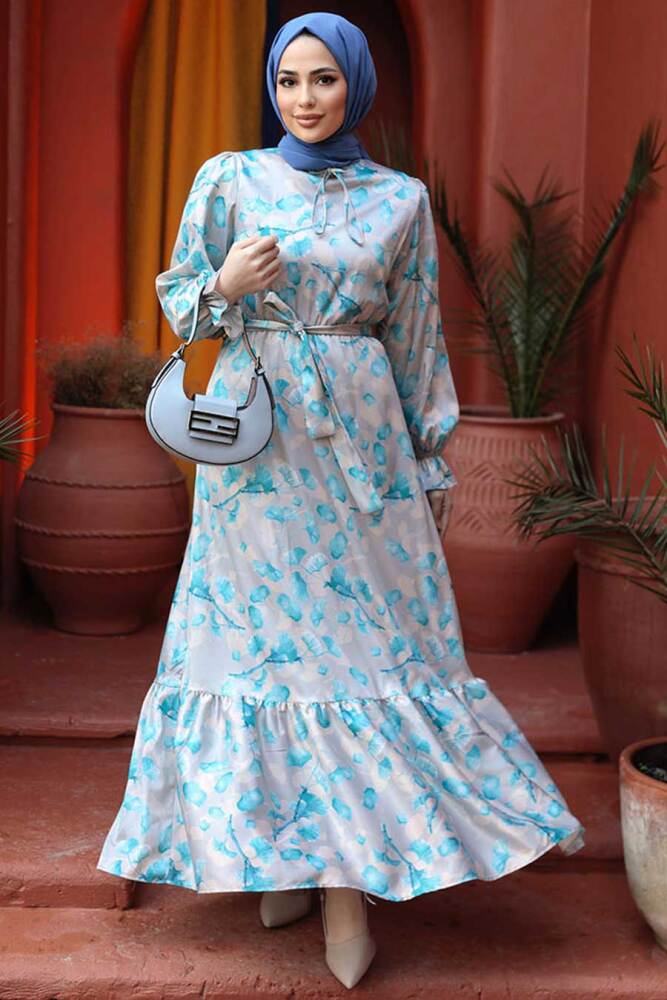 Modest Turquoise Long Sleeve Dress 60901TR - 2