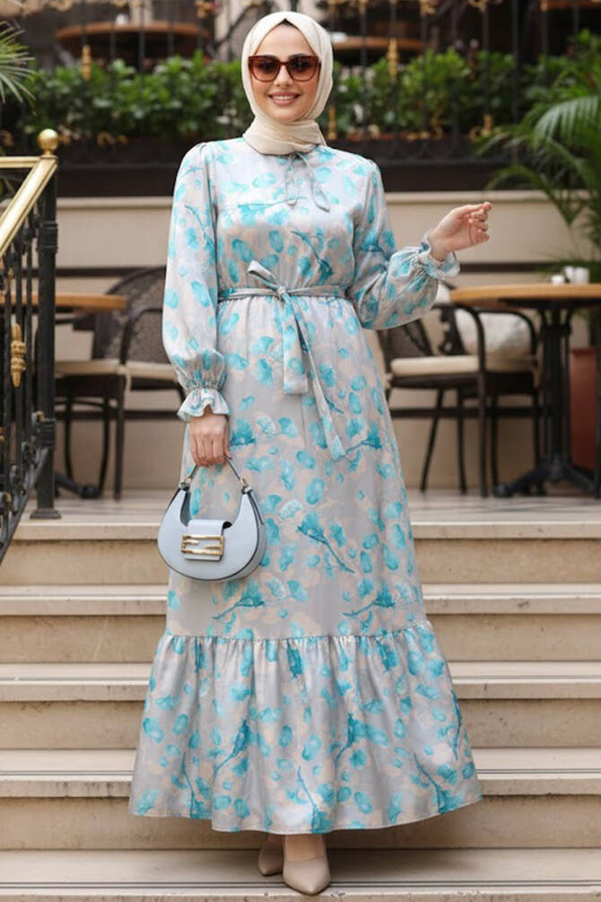 Modest Turquoise Long Sleeve Dress 60901TR - 1