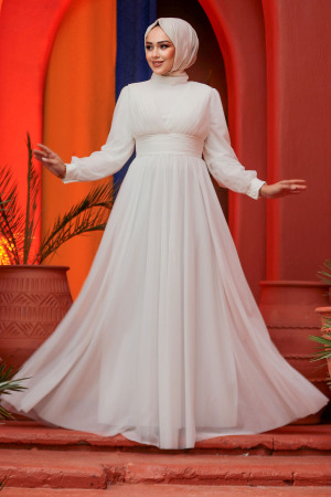 Modest White Evening Gown 46321B - 3