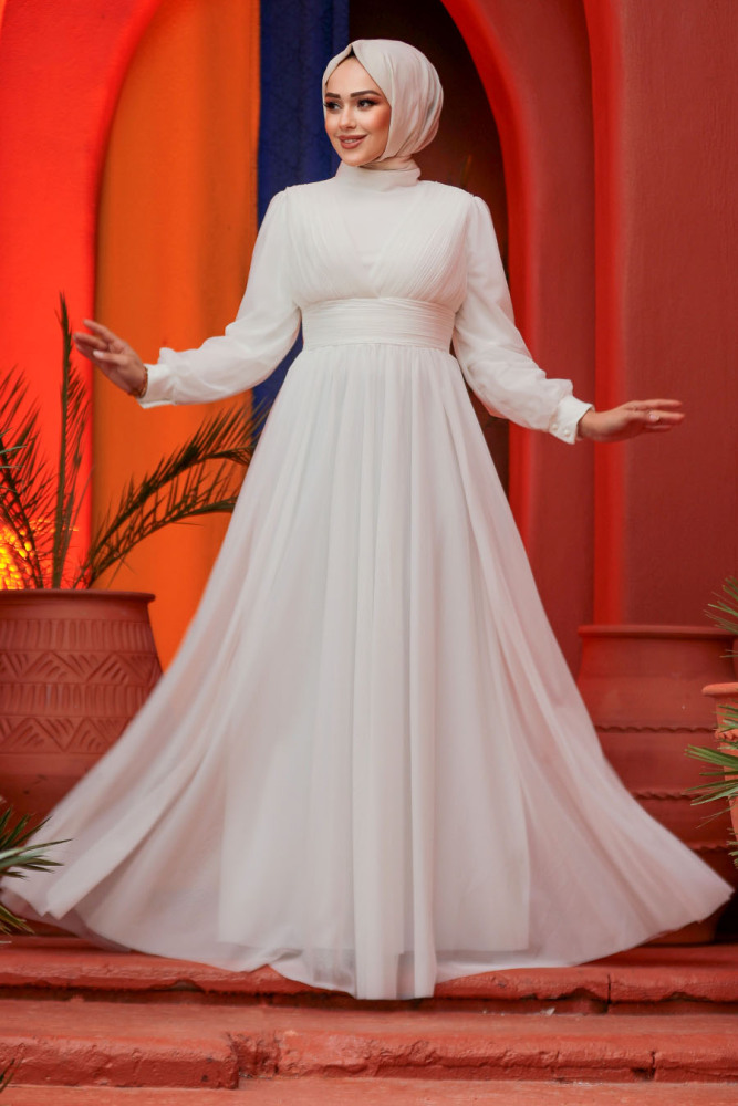 Modest White Evening Gown 46321B - 3