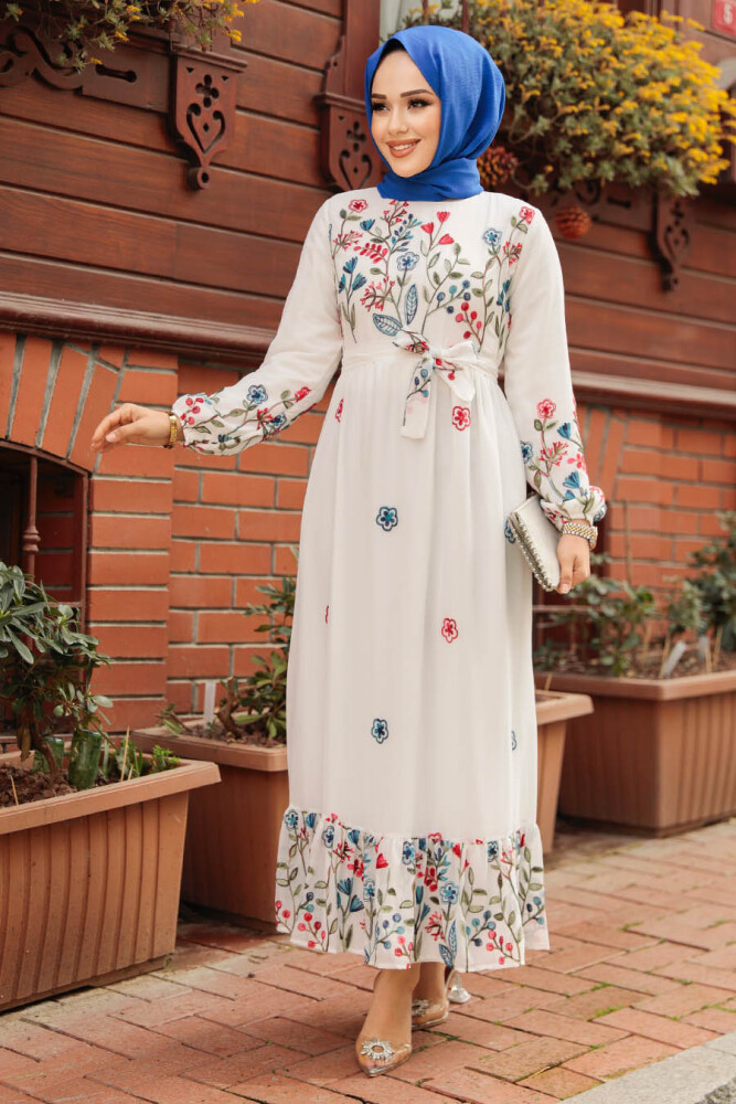 Modest White Floral Dress 23233B - 2