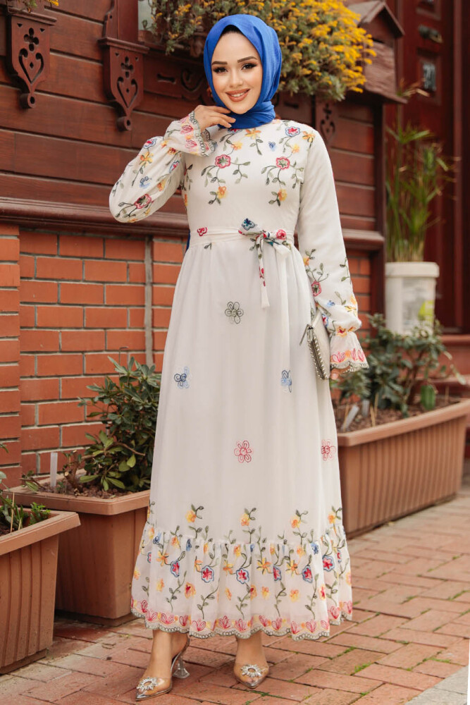 Modest White Long Floral Dress 23234B - 2