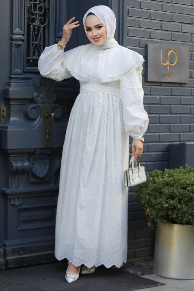 Modest White Long Sleeve Dress 14212B - 1