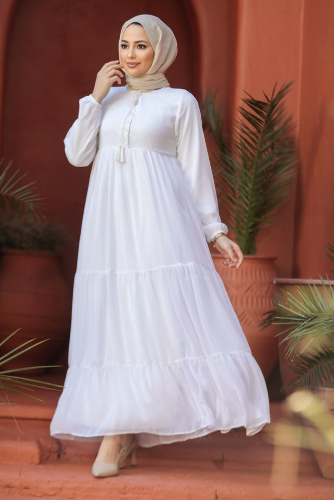 Modest White Long Sleeve Dress 22051B - 2