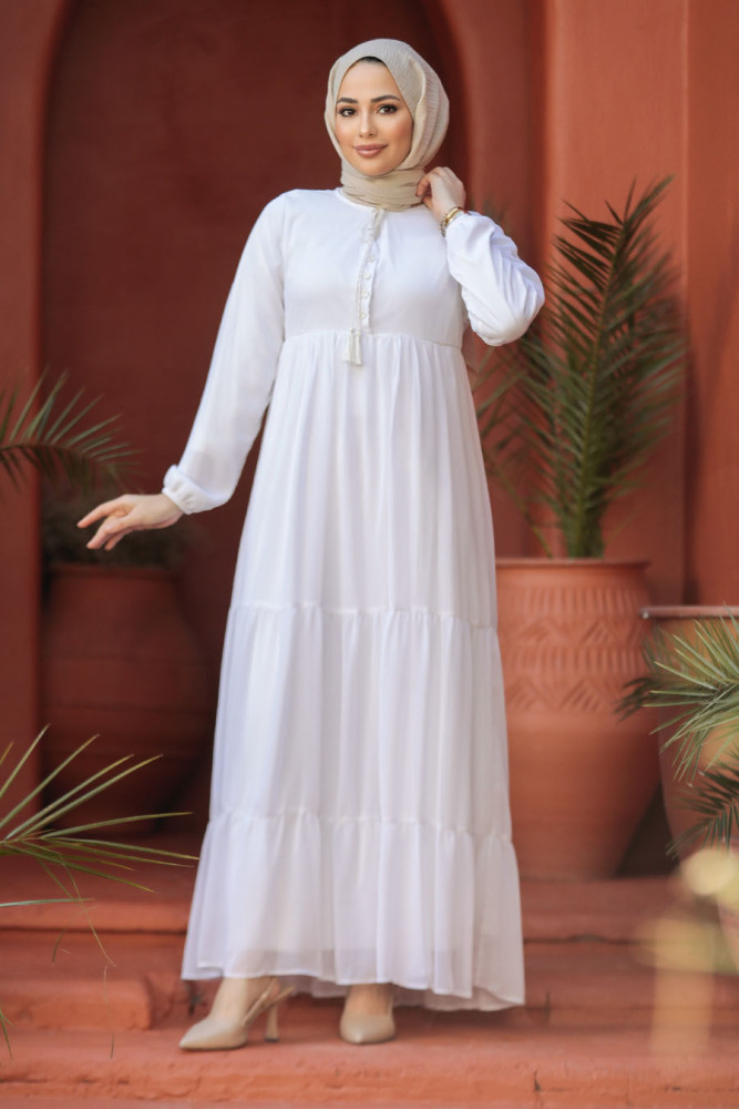 Modest White Long Sleeve Dress 22051B - 3
