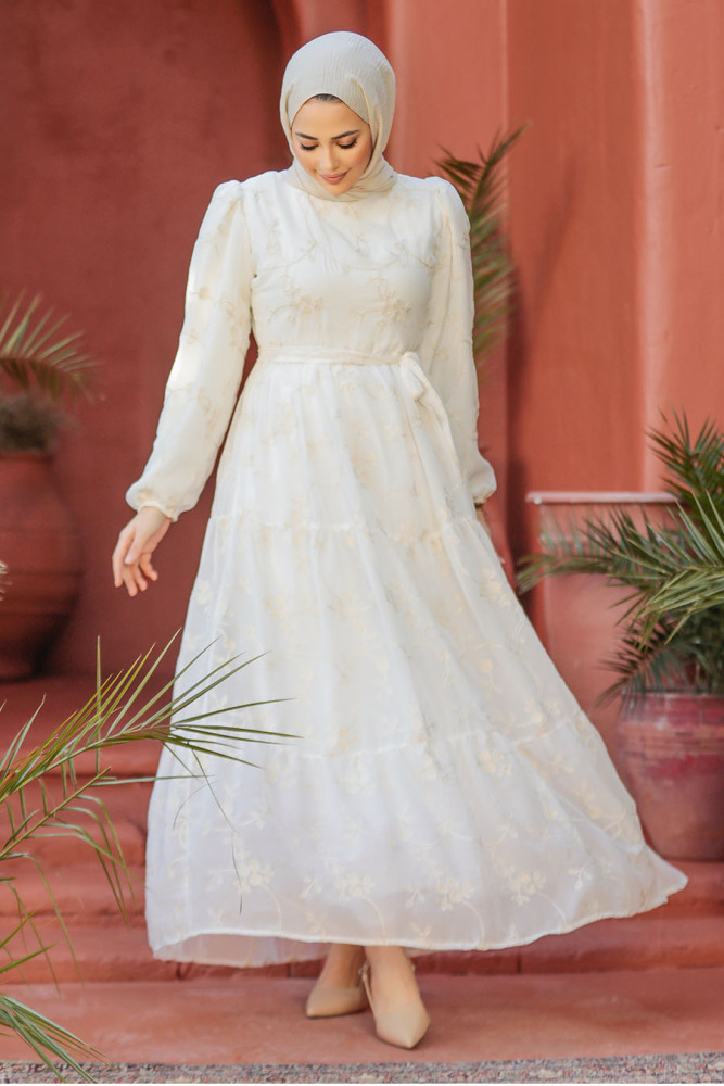 Modest White Maxi Dress 22892B - 3