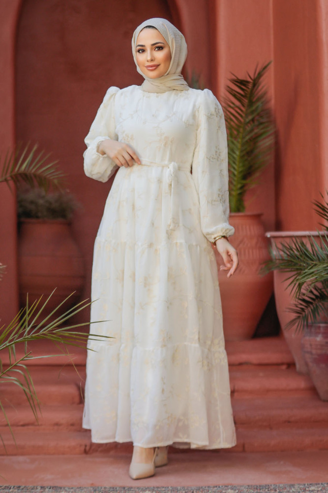 Modest White Maxi Dress 22892B - 4