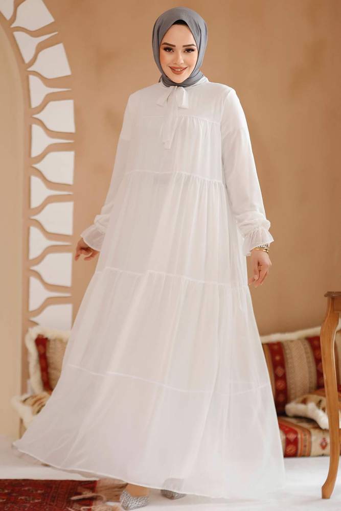 Modest White Maxi Dress 23601B - 1