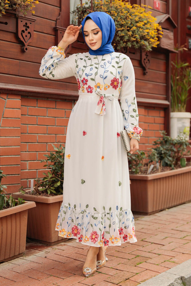 Modest White Maxi Floral Dress 23232B - 3