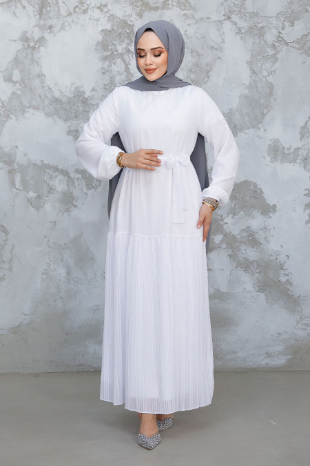 Modest White Pleated Long Dress 23771B - 1