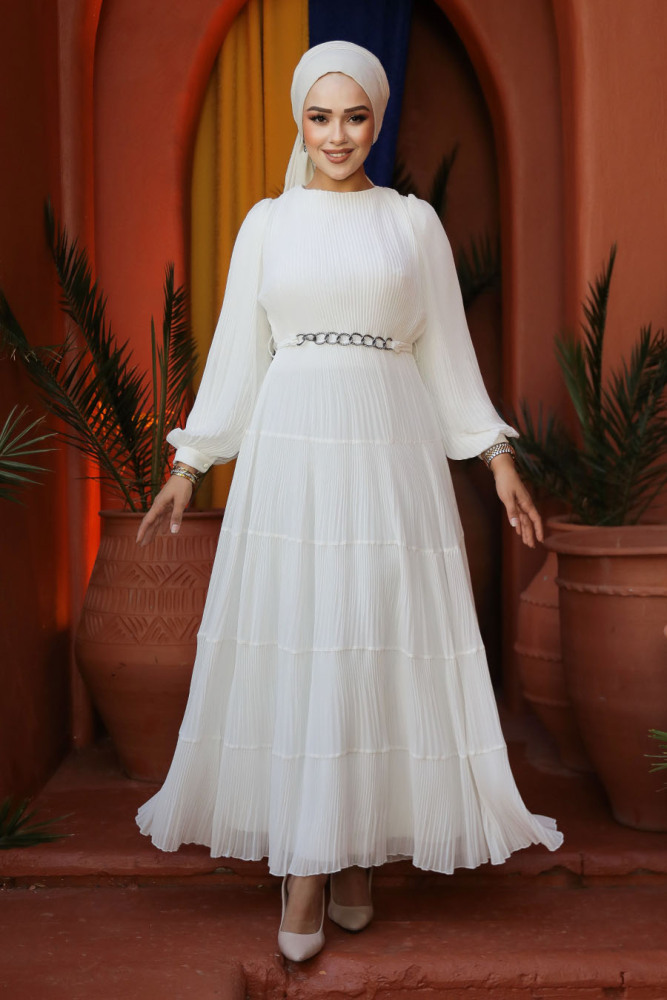 Modest White Ruffle Dress 44761B - 4
