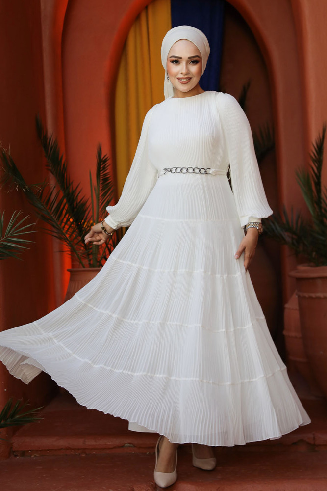 Modest White Ruffle Dress 44761B - 2