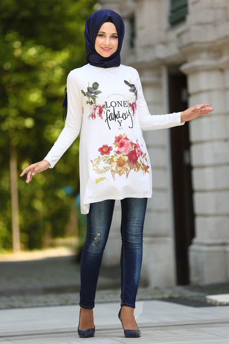 Modesty - Çiçek Desenli Beyaz Tunik