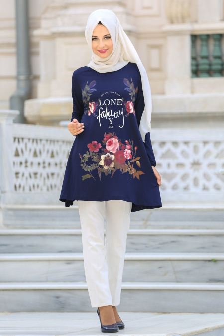 Modesty - Çiçek Desenli Lacivert Tunik