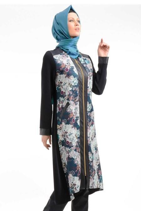 Modesty - Patterned Navy Blue Coat 5135L - 2