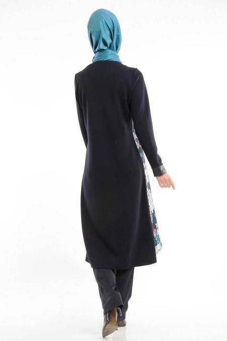 Modesty - Patterned Navy Blue Coat 5135L - 3