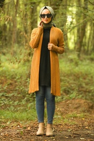 Moutarde - Neva Style - Cardigen en tricot hijab - 16114HR - Thumbnail