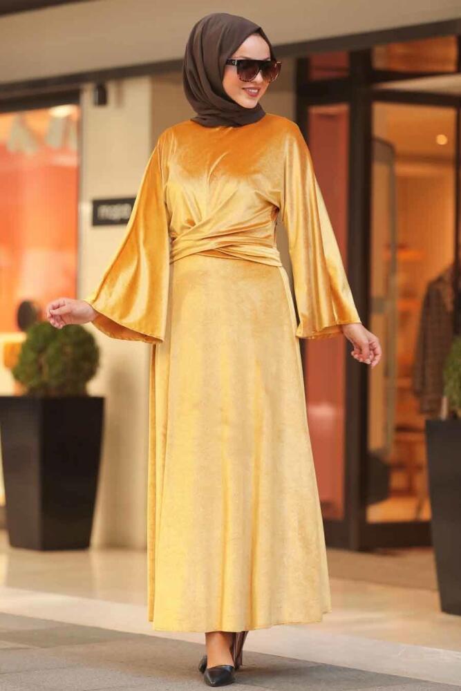 Moutarde - Neva Style - Robe En Velours Hijab - 22590HR - 1