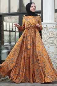 Moutarde - Tesettürlü Abiye Elbise - Robe de Soirée Hijab - 14680HR - Thumbnail