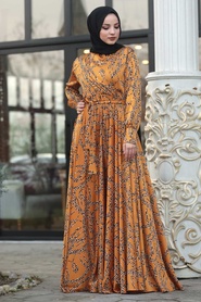 Moutarde - Tesettürlü Abiye Elbise - Robe de Soirée Hijab - 14680HR - Thumbnail