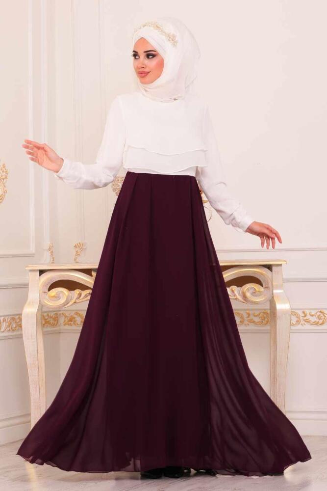 Mürdüm Tesettür Abiye Elbise 86590MU - 1