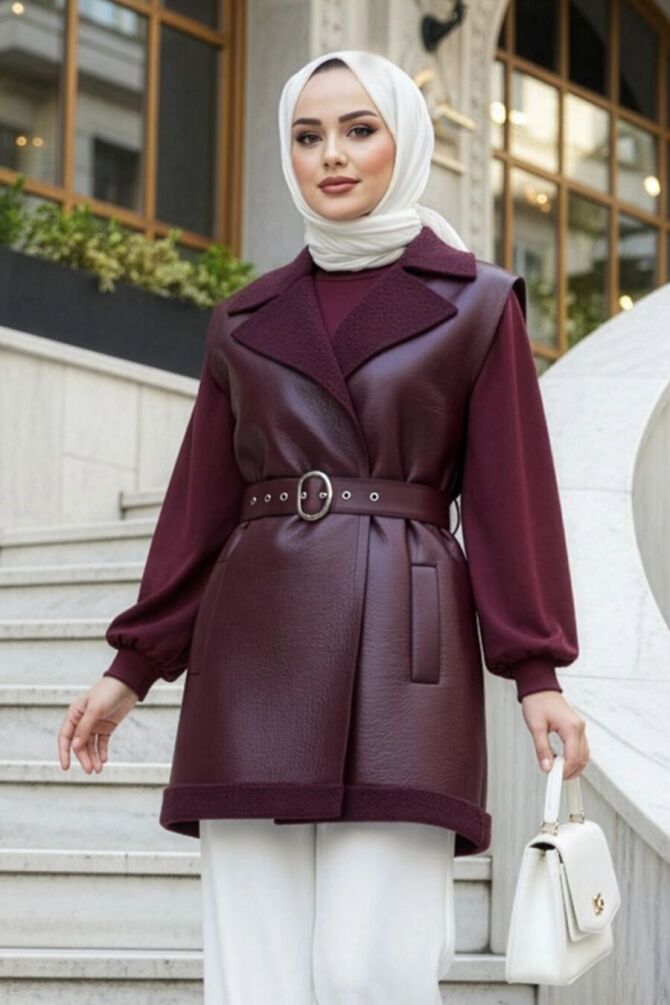 Mürdüm Tesettür Suni Deri Yelek 62371MU - 1