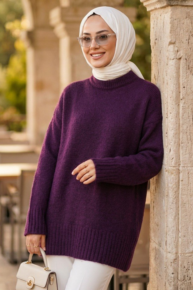 Mürdüm Tesettür Triko Kazak 87181MU - 2