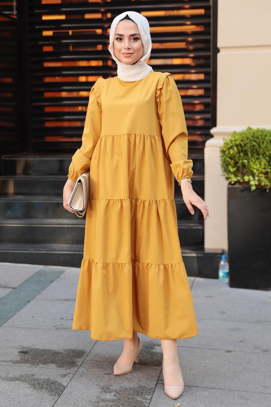 Mustard Hijab Dress 7688HR - tesetturisland.com