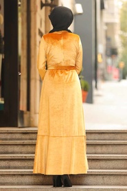 Mustard Hijab Velvet Dress 50521HR - Thumbnail