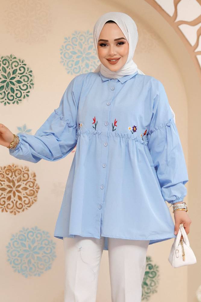 Nakış Desenli Bebek Mavisi Tesettür Tunik 40603BM - NEVA STYLE