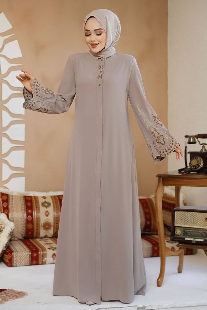 Nakış Desenli Bej Tesettür Abaya 98221BEJ - 1