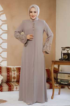 Nakış Desenli Bej Tesettür Abaya 98221BEJ - 2