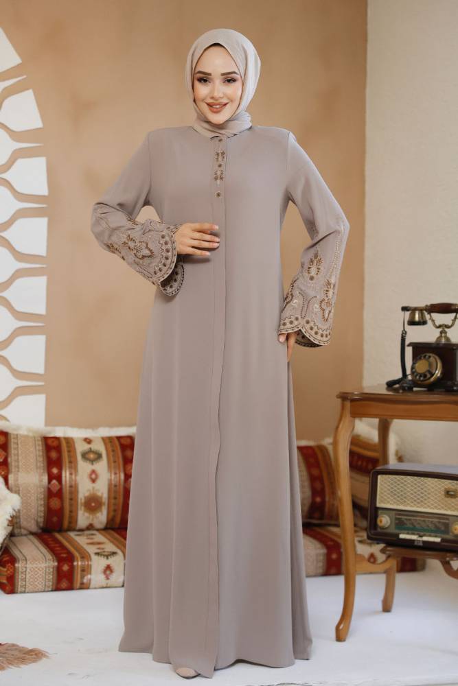 Nakış Desenli Bej Tesettür Abaya 98221BEJ - 2