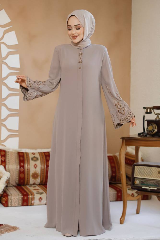 Nakış Desenli Bej Tesettür Abaya 98221BEJ - 3