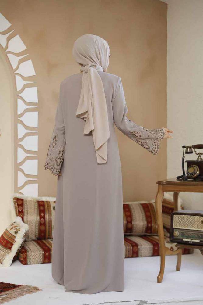 Nakış Desenli Bej Tesettür Abaya 98221BEJ - 4
