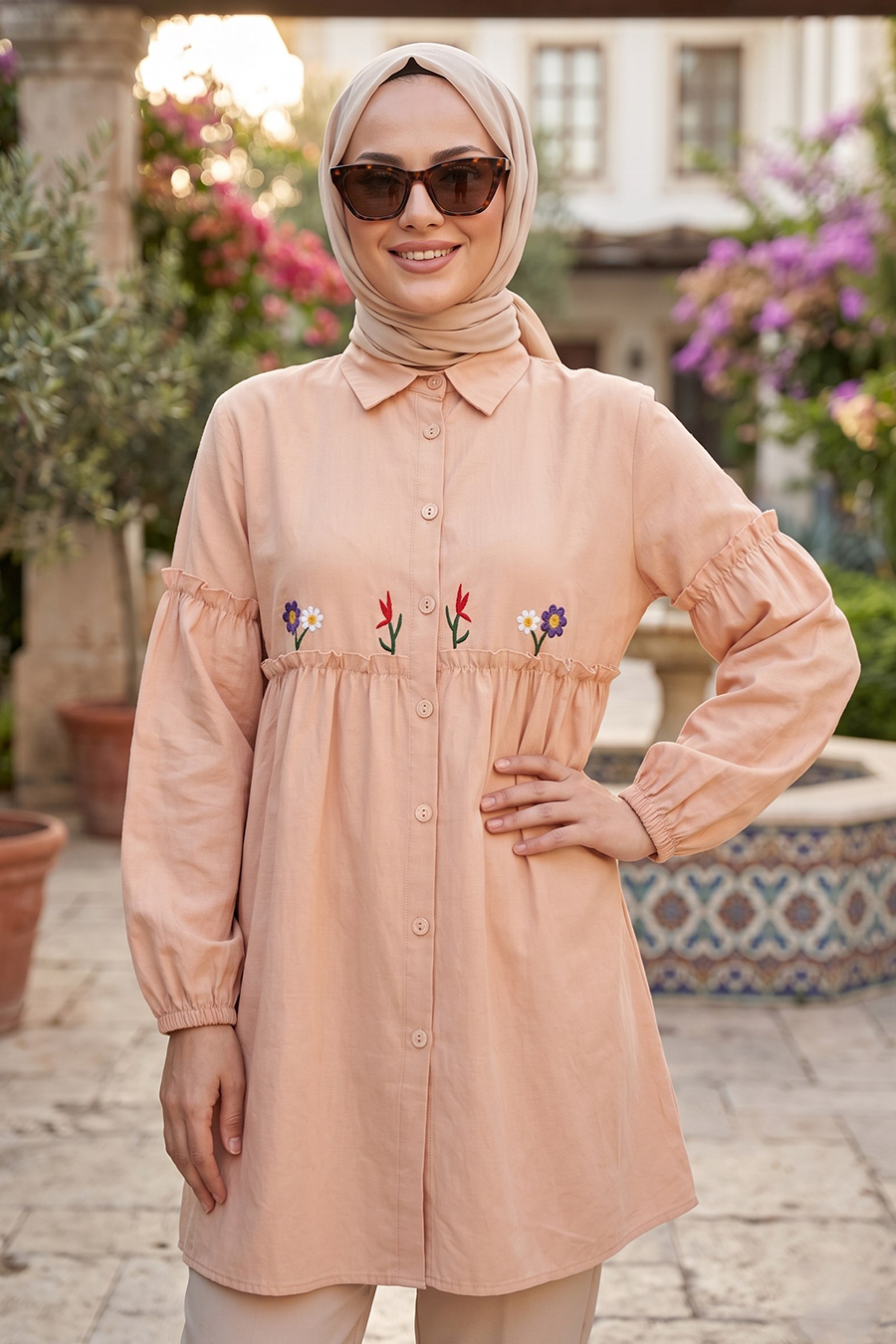 Nakış Desenli Bej Tesettür Tunik 40603BEJ