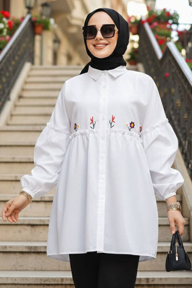 Nakış Desenli Beyaz Tesettür Tunik 40603B - 1