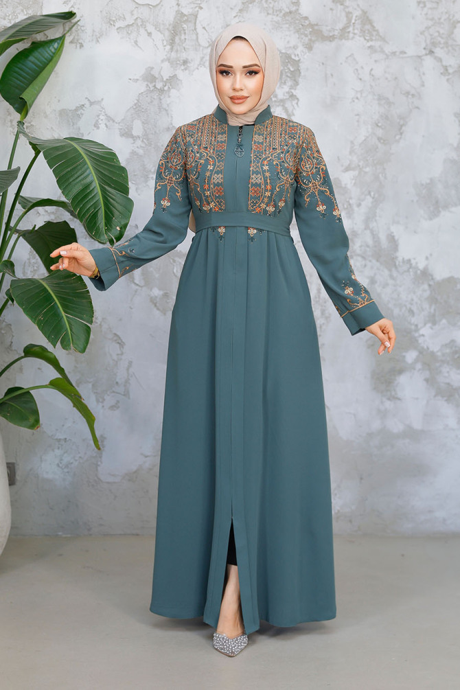 Nakış Desenli Çağla Yeşili Tesettür Abaya 90312CY - 1