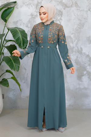 Nakış Desenli Çağla Yeşili Tesettür Abaya 90312CY - 2