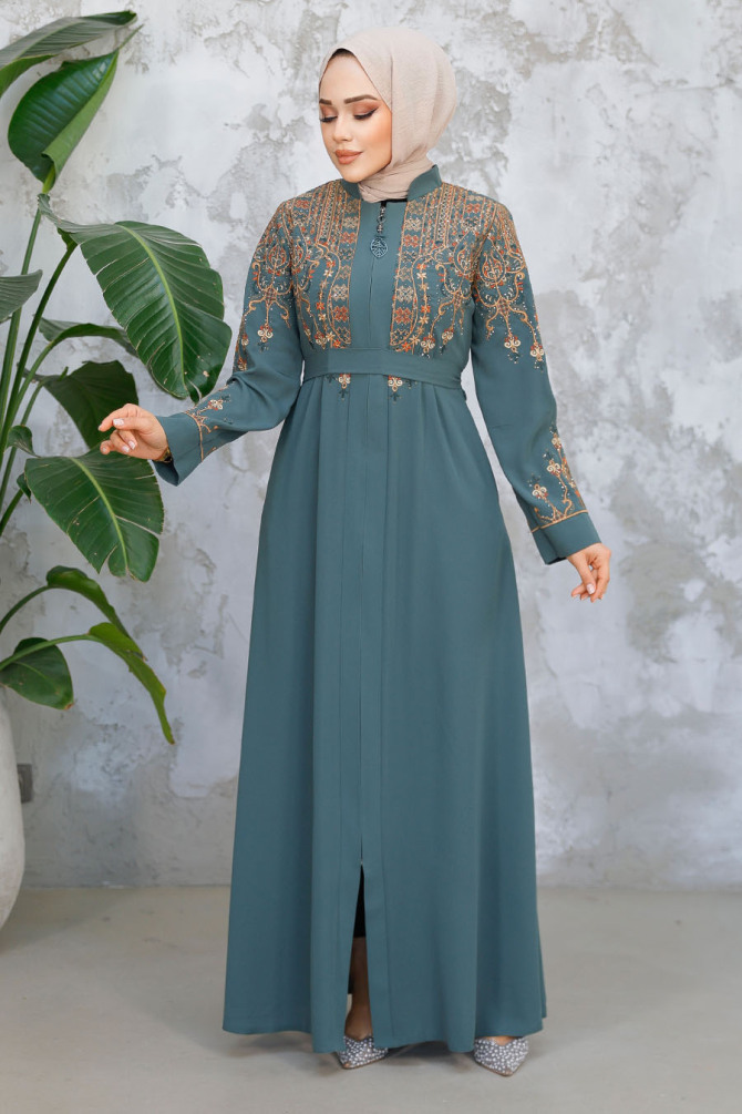 Nakış Desenli Çağla Yeşili Tesettür Abaya 90312CY - 2