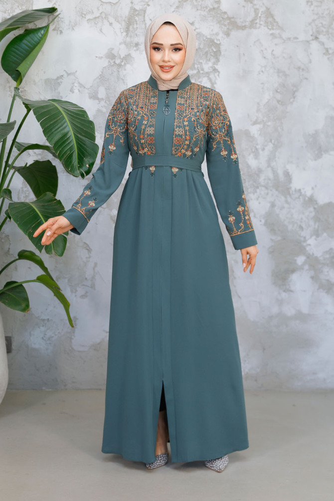 Nakış Desenli Çağla Yeşili Tesettür Abaya 90312CY - 3