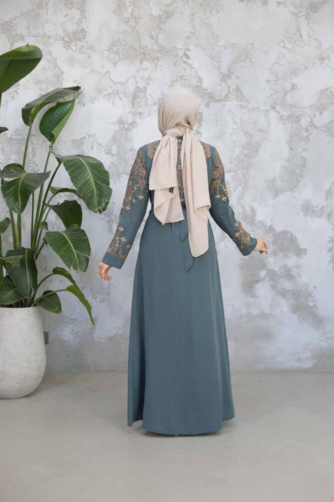 Nakış Desenli Çağla Yeşili Tesettür Abaya 90312CY - 4